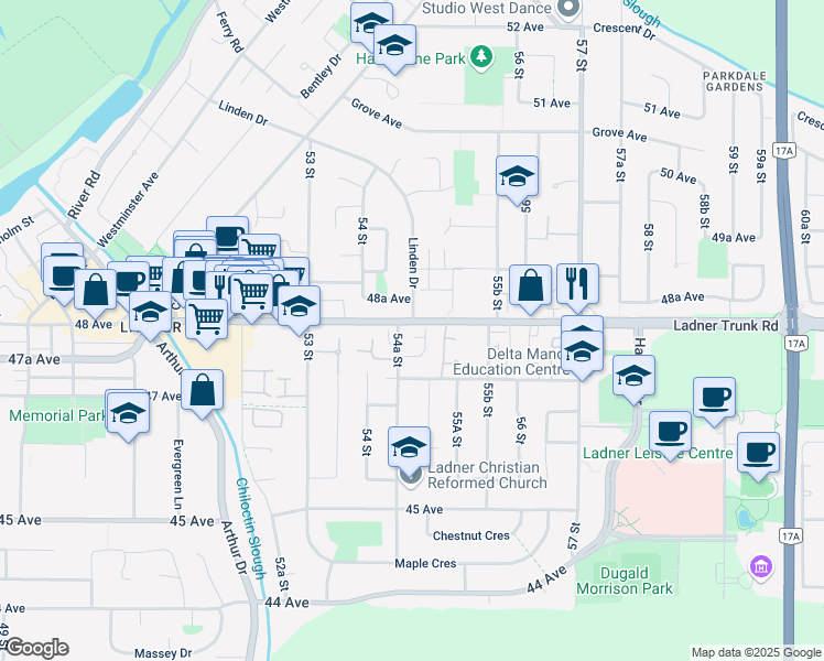 map of restaurants, bars, coffee shops, grocery stores, and more near 4788 54A Street in Delta