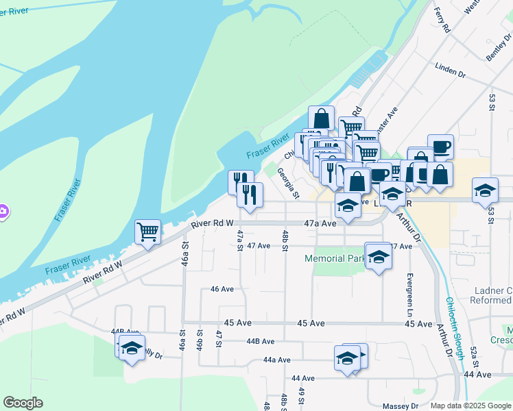map of restaurants, bars, coffee shops, grocery stores, and more near 4815 48 Avenue in Delta