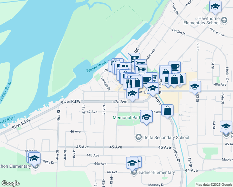 map of restaurants, bars, coffee shops, grocery stores, and more near 4926 48 Avenue in Delta