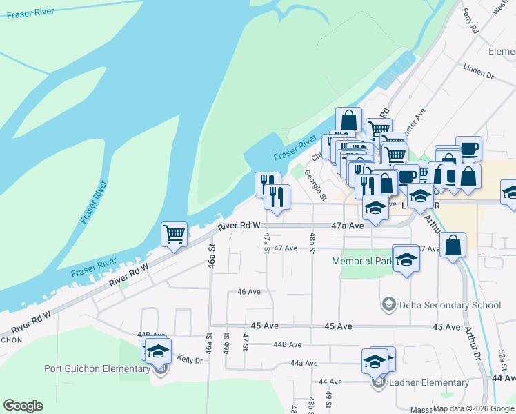 map of restaurants, bars, coffee shops, grocery stores, and more near 1751 48 Avenue in Delta