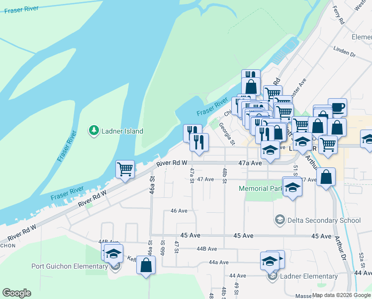 map of restaurants, bars, coffee shops, grocery stores, and more near 4753 River Road West in Delta