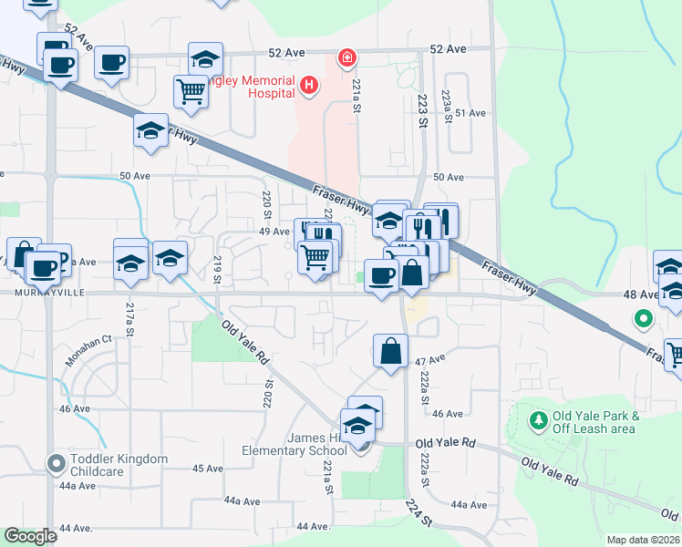 map of restaurants, bars, coffee shops, grocery stores, and more near 22128 48A Avenue in Langley Township