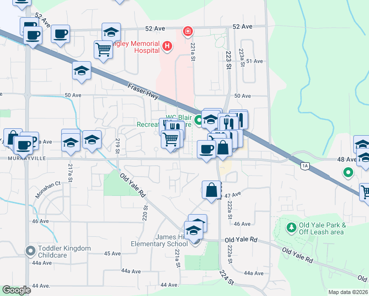 map of restaurants, bars, coffee shops, grocery stores, and more near 22128 48A Avenue in Langley Township