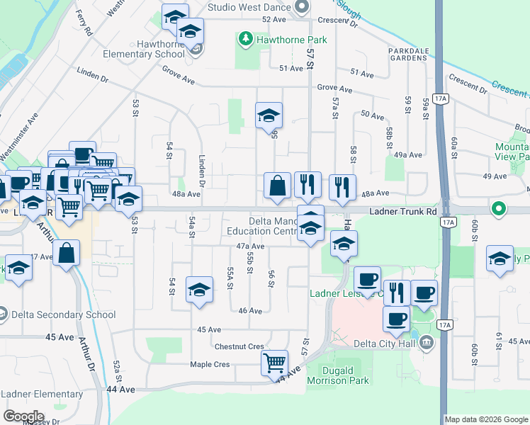 map of restaurants, bars, coffee shops, grocery stores, and more near 5661 Ladner Trunk Road in Delta