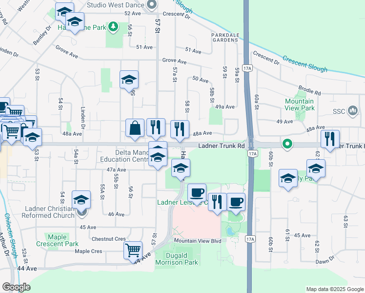 map of restaurants, bars, coffee shops, grocery stores, and more near 4745 54A Street in Delta