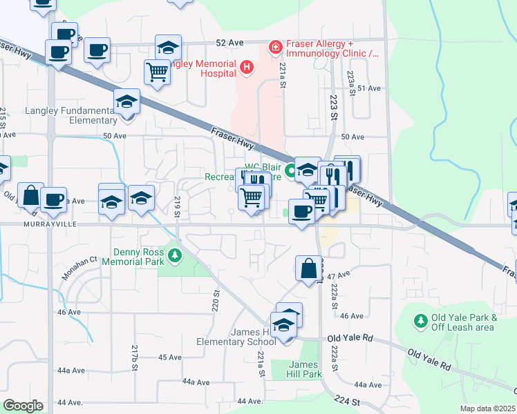 map of restaurants, bars, coffee shops, grocery stores, and more near 4839 221 Street in Langley