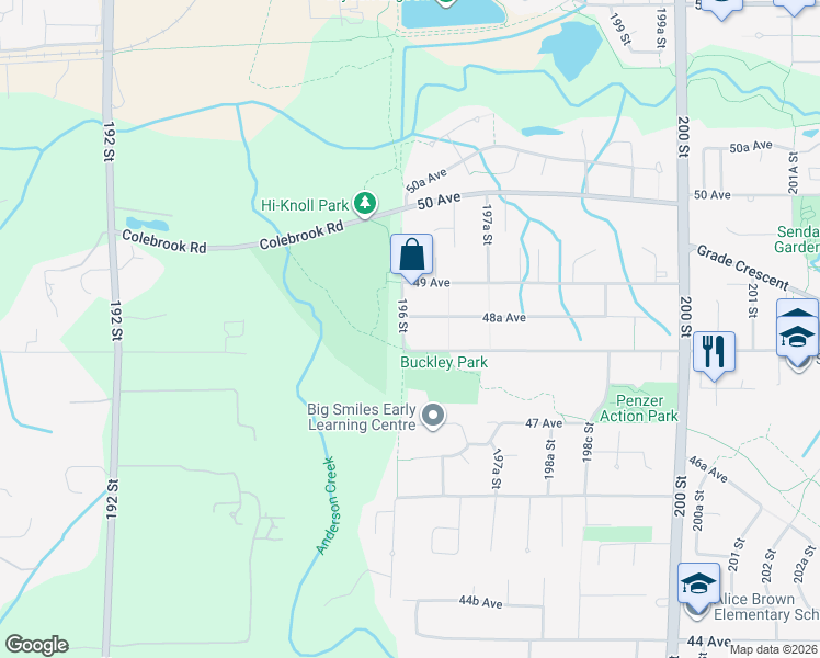 map of restaurants, bars, coffee shops, grocery stores, and more near 4840 196 Street in Langley
