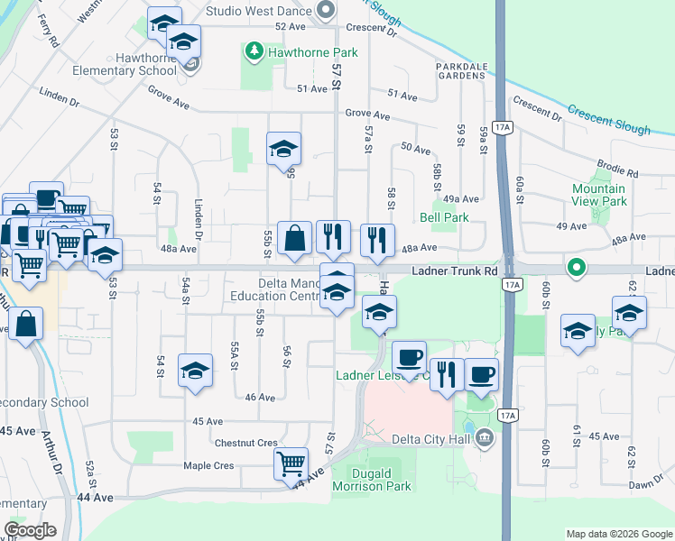 map of restaurants, bars, coffee shops, grocery stores, and more near 5716 48 Avenue in Delta
