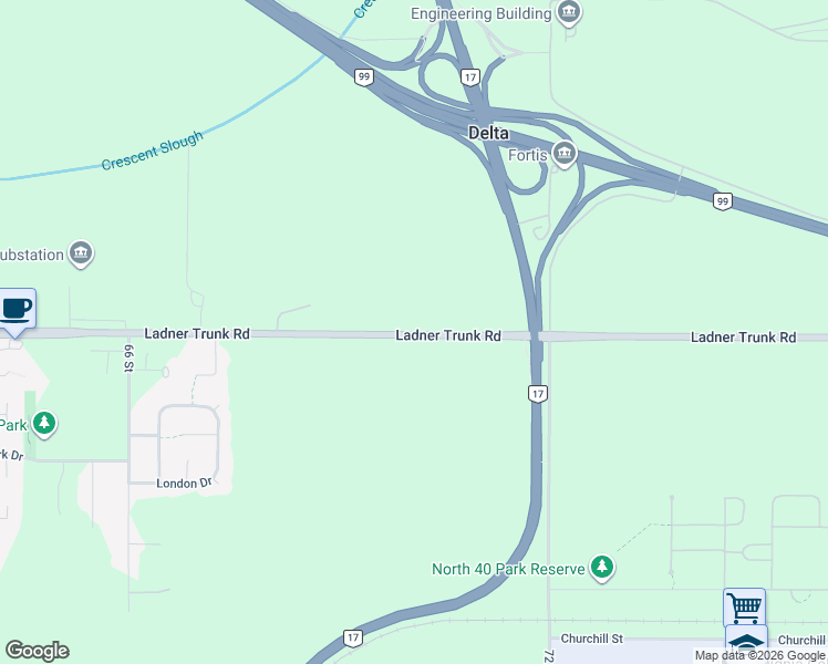 map of restaurants, bars, coffee shops, grocery stores, and more near 7021 Ladner Trunk Road in Delta