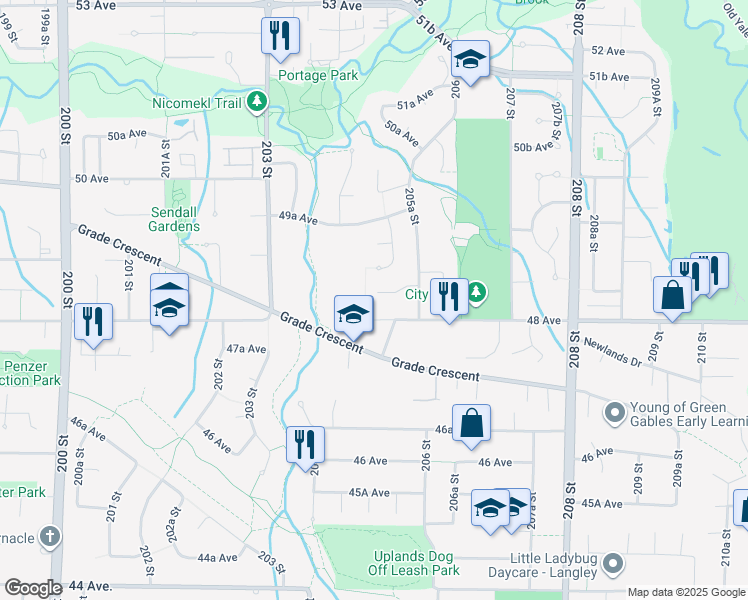 map of restaurants, bars, coffee shops, grocery stores, and more near 20510 48A Avenue in Langley City