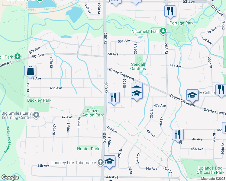 map of restaurants, bars, coffee shops, grocery stores, and more near 4835 200A Street in Langley