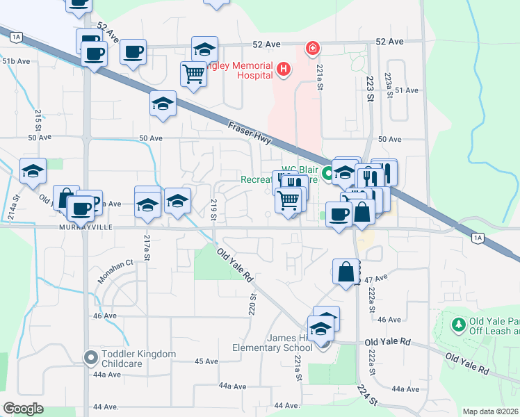 map of restaurants, bars, coffee shops, grocery stores, and more near 22015 48 Avenue in Langley Township