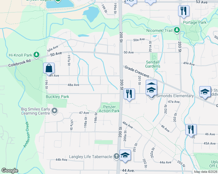 map of restaurants, bars, coffee shops, grocery stores, and more near 19950 48A Avenue in Langley