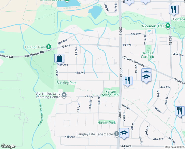 map of restaurants, bars, coffee shops, grocery stores, and more near 19826 48A Avenue in Langley