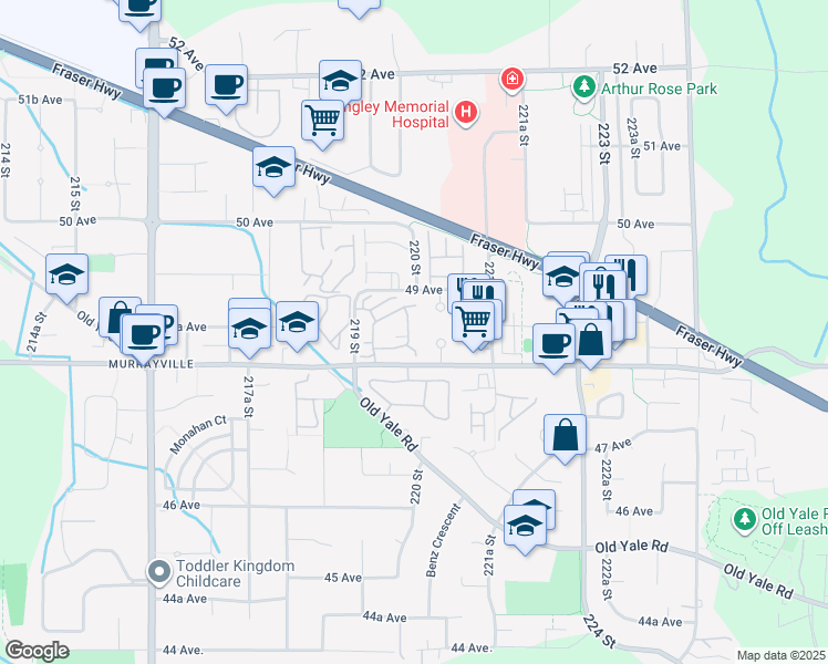 map of restaurants, bars, coffee shops, grocery stores, and more near 21937 48 Avenue in Langley Township