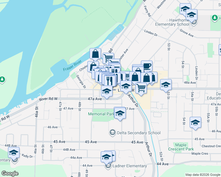 map of restaurants, bars, coffee shops, grocery stores, and more near 5019 48 Avenue in Delta