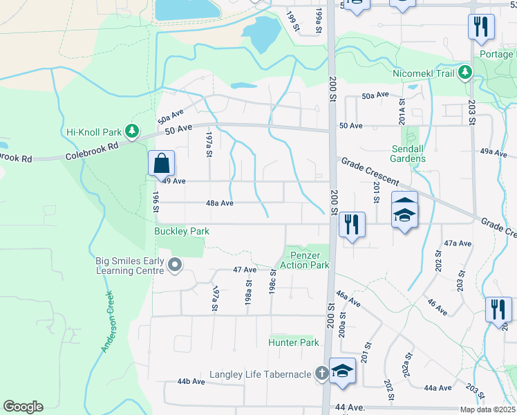 map of restaurants, bars, coffee shops, grocery stores, and more near 19838 48A Avenue in Langley