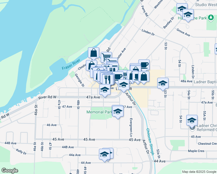 map of restaurants, bars, coffee shops, grocery stores, and more near 5019 48 Avenue in Delta