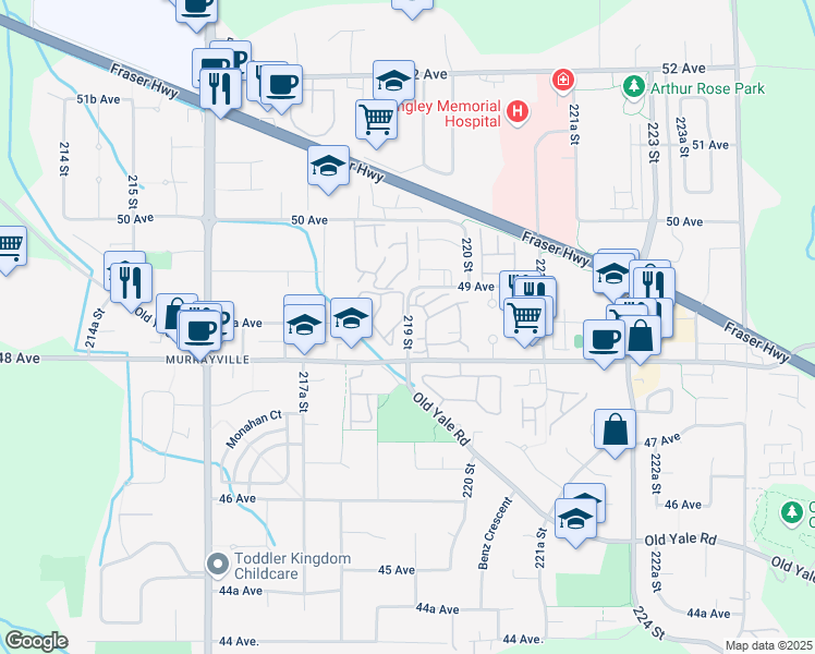 map of restaurants, bars, coffee shops, grocery stores, and more near 4847 219 Street in Langley City