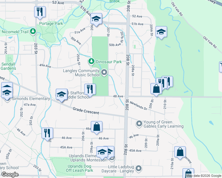 map of restaurants, bars, coffee shops, grocery stores, and more near 4840 207 Street in Langley