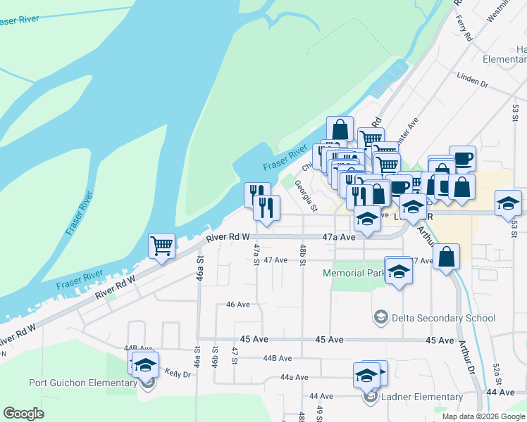 map of restaurants, bars, coffee shops, grocery stores, and more near 1751 48 Avenue in Delta