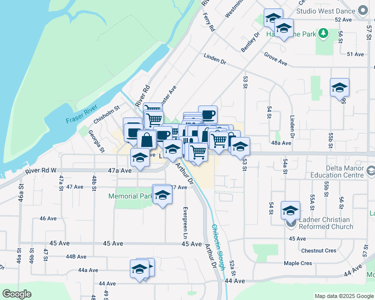 map of restaurants, bars, coffee shops, grocery stores, and more near 5225B Ladner Trunk Road in Delta