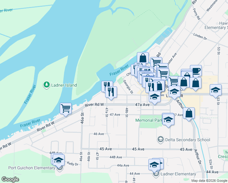 map of restaurants, bars, coffee shops, grocery stores, and more near 4815 48 Avenue in Delta