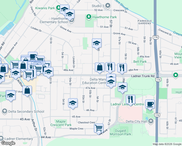 map of restaurants, bars, coffee shops, grocery stores, and more near 4815 55B Street in Delta