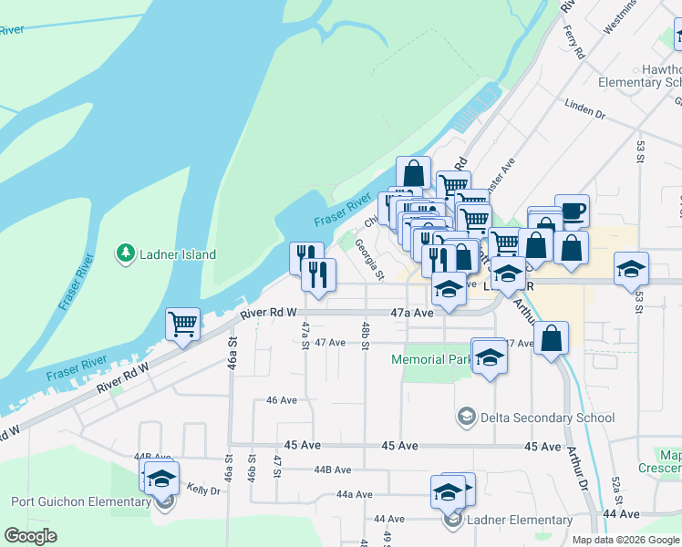 map of restaurants, bars, coffee shops, grocery stores, and more near 4829 48 Avenue in Delta