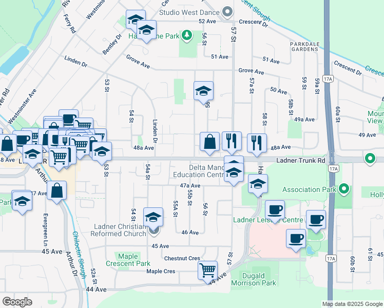 map of restaurants, bars, coffee shops, grocery stores, and more near 4815 55B Street in Delta