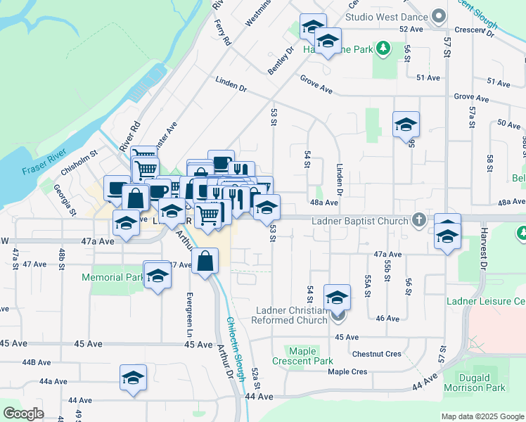 map of restaurants, bars, coffee shops, grocery stores, and more near 4811 53 Street in Delta