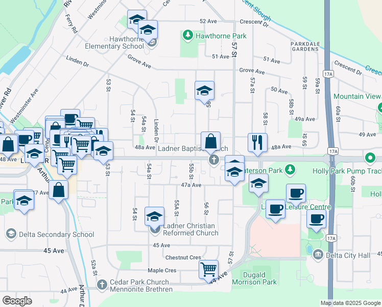 map of restaurants, bars, coffee shops, grocery stores, and more near 5571 Ladner Trunk Road in Delta