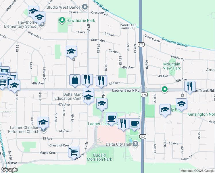 map of restaurants, bars, coffee shops, grocery stores, and more near 5812 48A Avenue in Delta