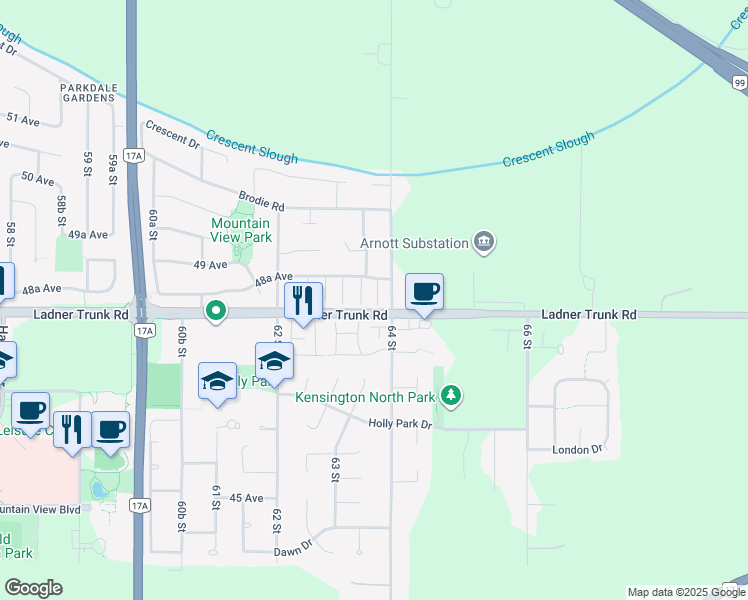 map of restaurants, bars, coffee shops, grocery stores, and more near 6380 48A Avenue in Delta
