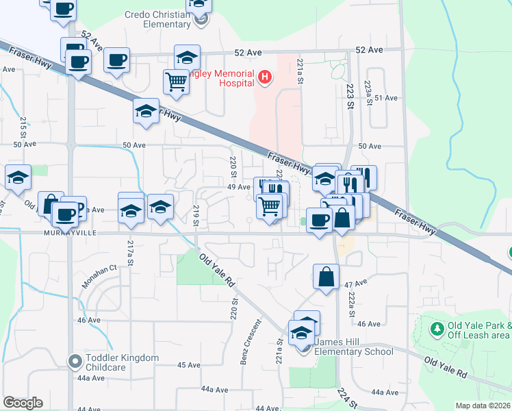 map of restaurants, bars, coffee shops, grocery stores, and more near 22022 49 Avenue in Langley Township