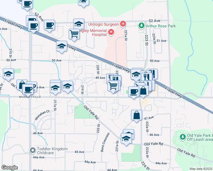 map of restaurants, bars, coffee shops, grocery stores, and more near 22022 49 Avenue in Langley Township