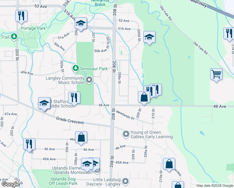 map of restaurants, bars, coffee shops, grocery stores, and more near 4851 208A Street in Langley