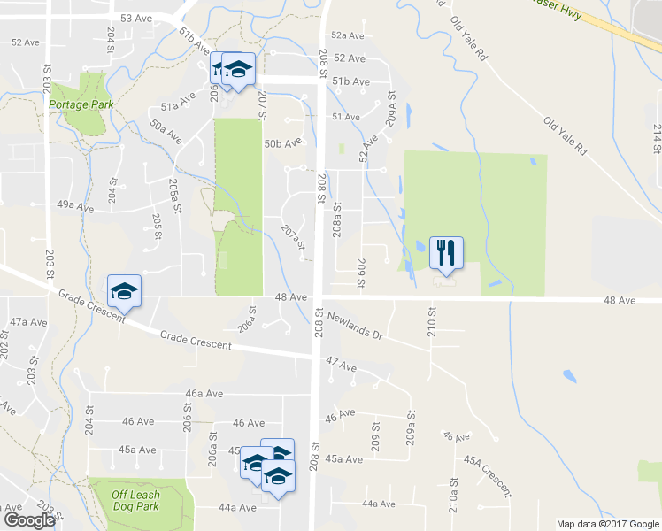 map of restaurants, bars, coffee shops, grocery stores, and more near 4851 208A Street in Langley