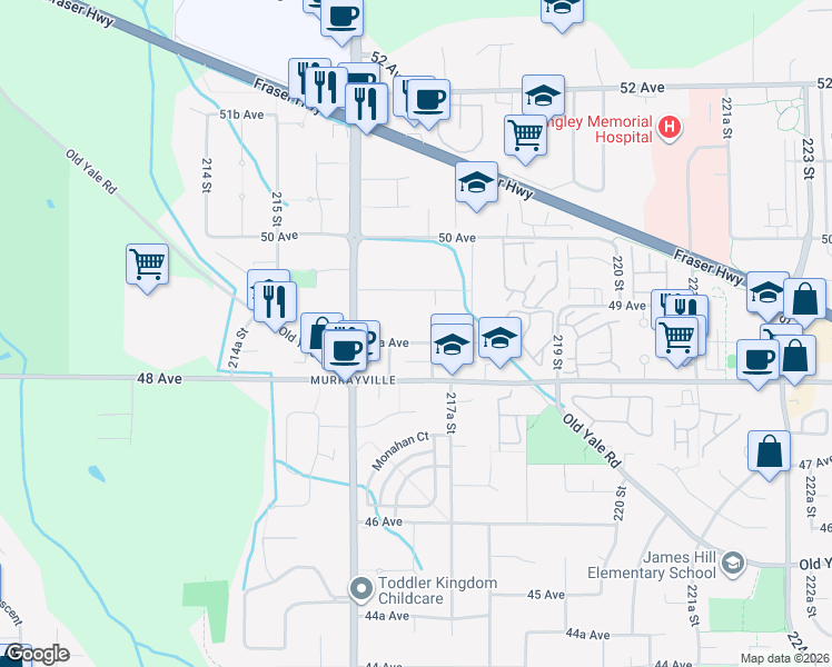 map of restaurants, bars, coffee shops, grocery stores, and more near 21687 48A Avenue in Langley