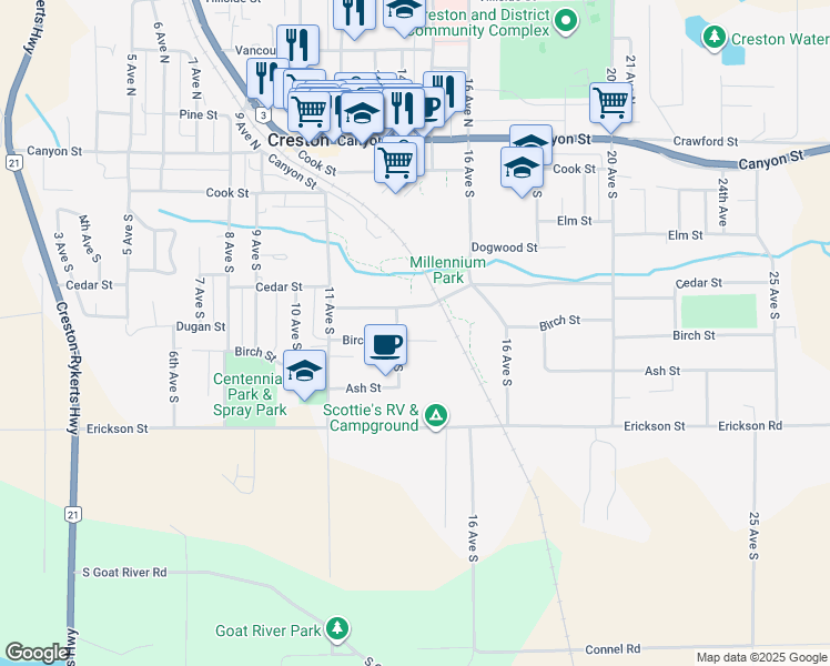 map of restaurants, bars, coffee shops, grocery stores, and more near 1410 Birch Street in Creston