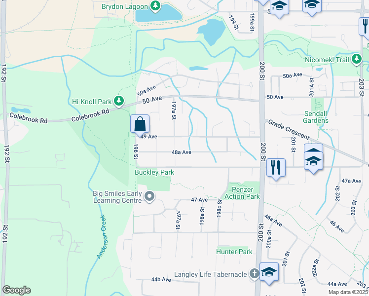map of restaurants, bars, coffee shops, grocery stores, and more near 19745 48A Avenue in Langley City