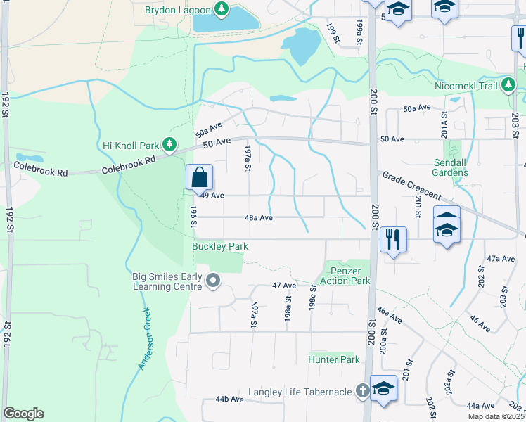 map of restaurants, bars, coffee shops, grocery stores, and more near 19745 48A Avenue in Langley