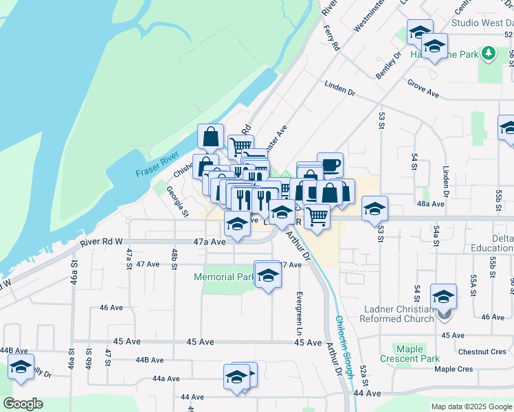 map of restaurants, bars, coffee shops, grocery stores, and more near 5019 48 Avenue in Delta