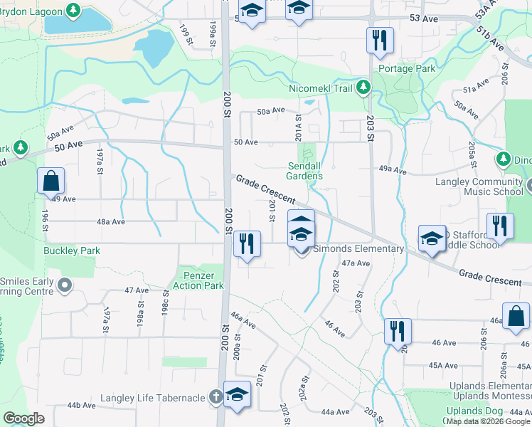 map of restaurants, bars, coffee shops, grocery stores, and more near 4865 201 Street in Langley