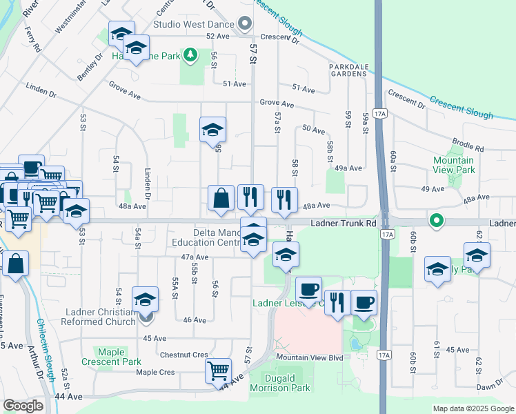 map of restaurants, bars, coffee shops, grocery stores, and more near 4838 57 Street in Delta