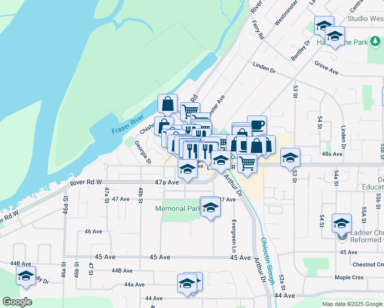 map of restaurants, bars, coffee shops, grocery stores, and more near 5019 48 Avenue in Delta