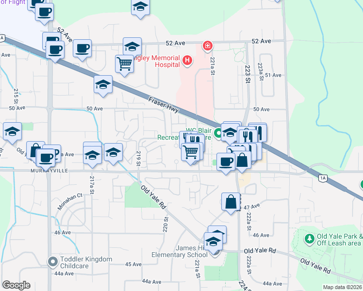 map of restaurants, bars, coffee shops, grocery stores, and more near 22022 49 Avenue in Langley City