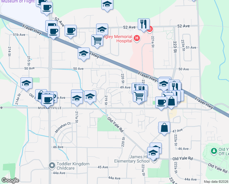 map of restaurants, bars, coffee shops, grocery stores, and more near in Langley