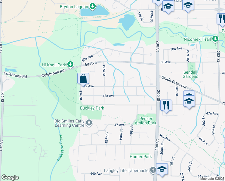 map of restaurants, bars, coffee shops, grocery stores, and more near 19746 49 Avenue in Langley