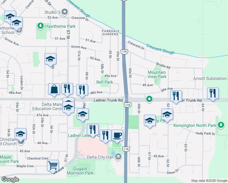 map of restaurants, bars, coffee shops, grocery stores, and more near 4835 59A Street in Delta